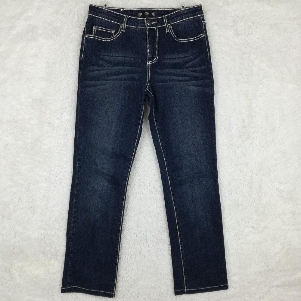 Tru Luxe Jeans Womens Straight Leg Blue Denim Dark Wash Mid Rise Whiskering 8
